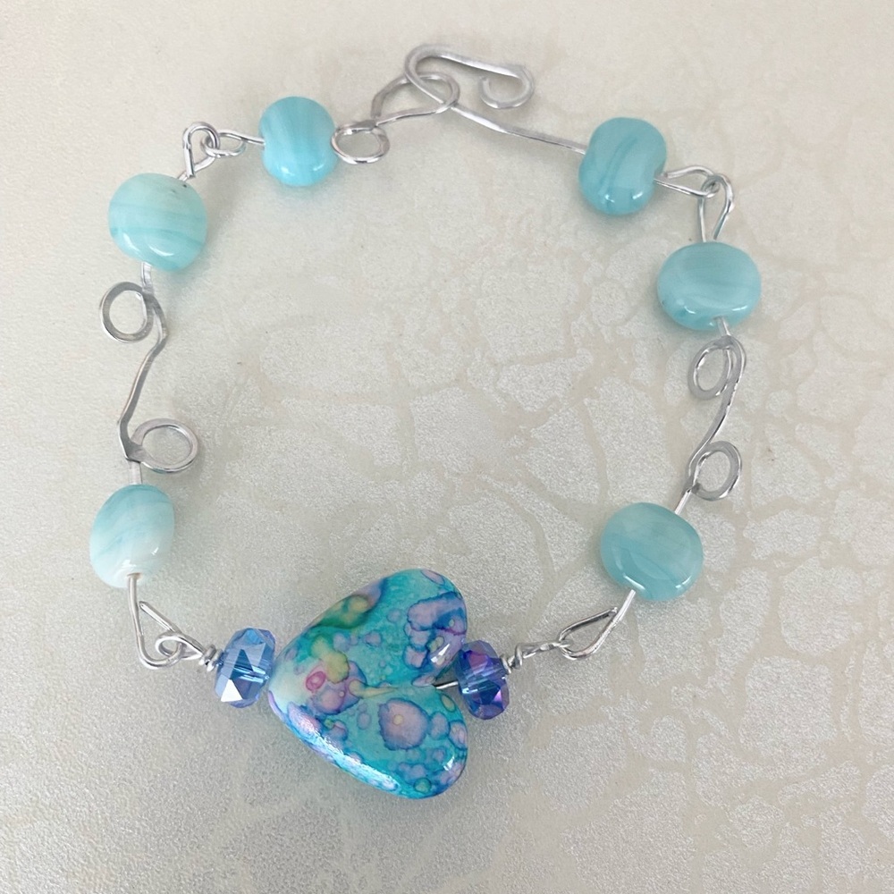 Handcrafted Blue Heart Glass Bead Bracelet